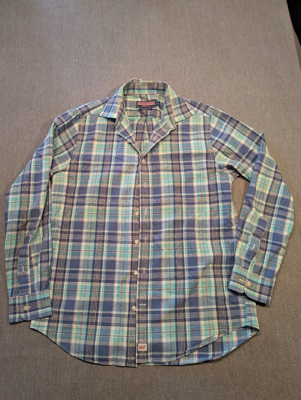 Vineyard Vines Slim-Fit Plaid Murray Shirt Long Sleeve Button Blue Orange Medium